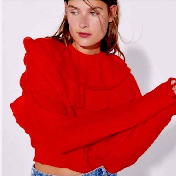 Zara Sweaters Zara Ruffled Candy Apple Red Knit Dolman Sleeve